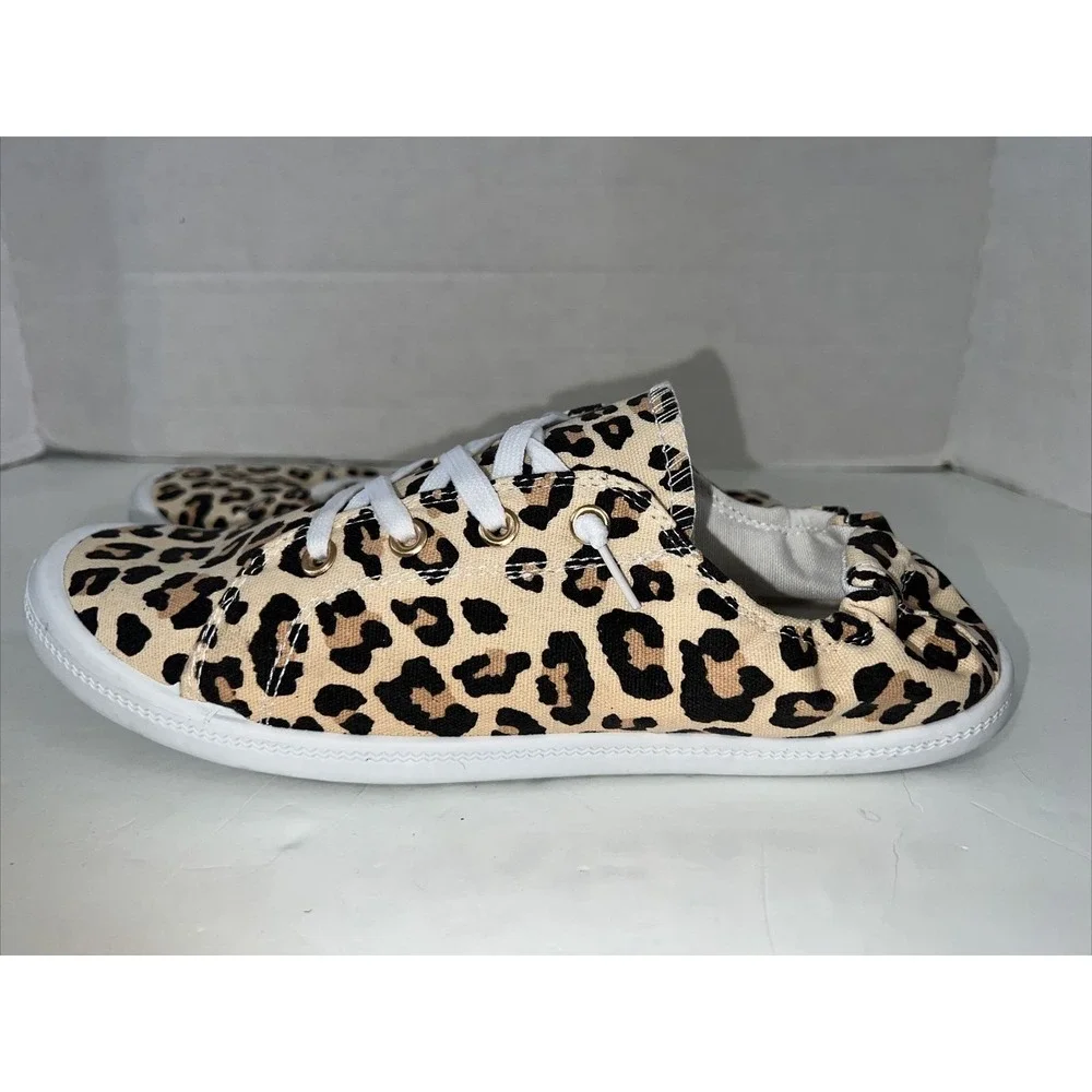 Leopard Women‎ Lace Up Canvas Shoes Low Top Slip On Sneakers Walking Flats Shoes